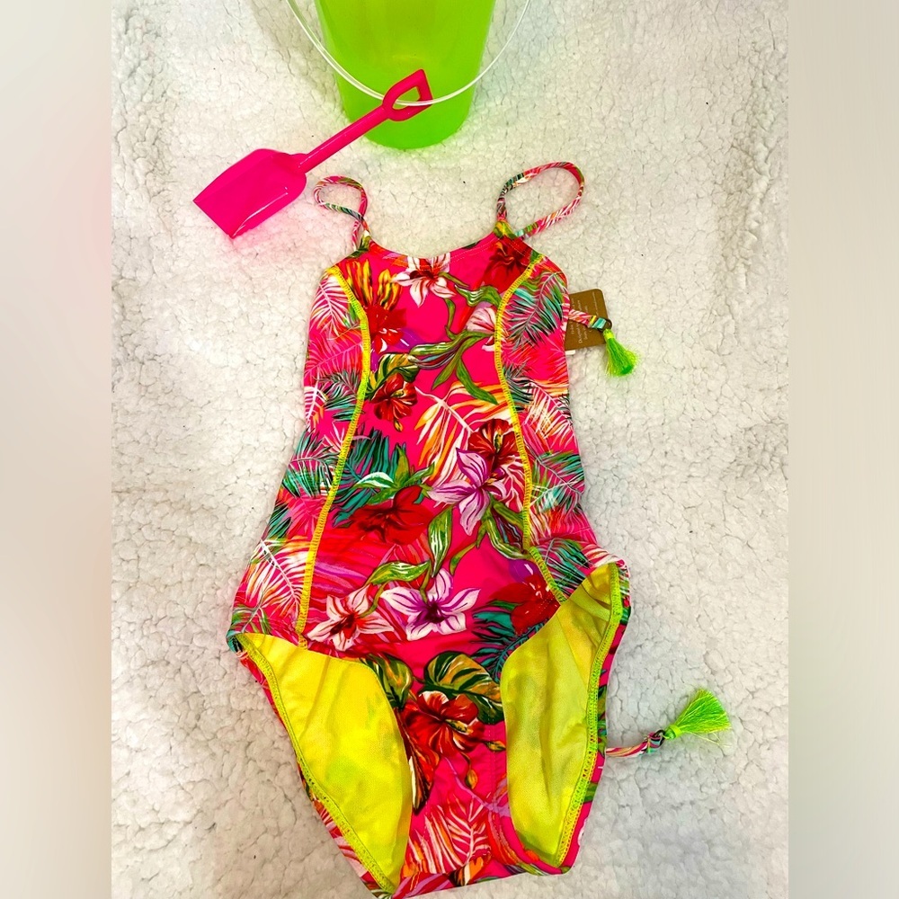 Hobie Girls Neon Pink Tropical Floral One-Piece Swimsuit